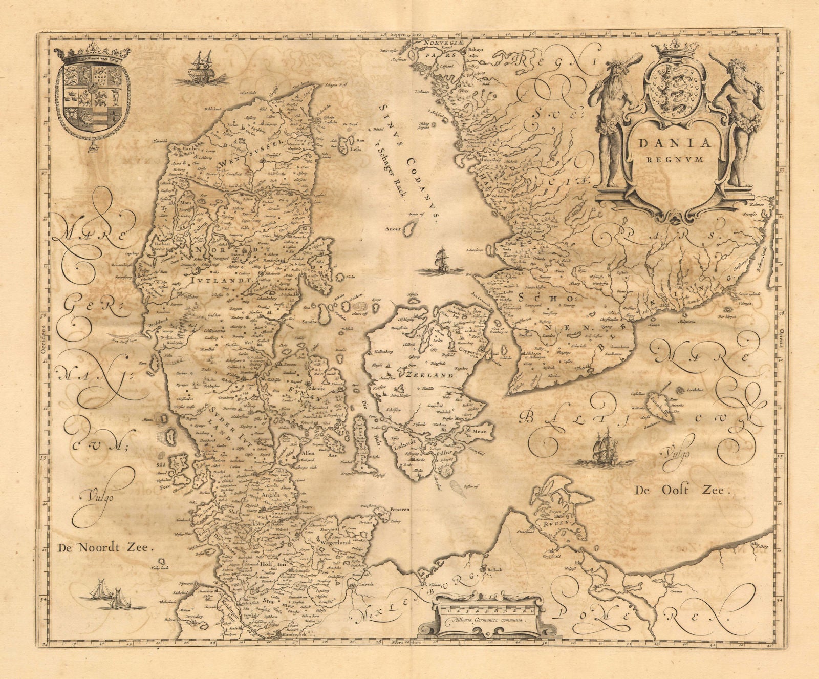 DANIA REGNUM. Kingdom of Denmark. Hamburg Copenhagen Göteborg. BLAEU c1667 map